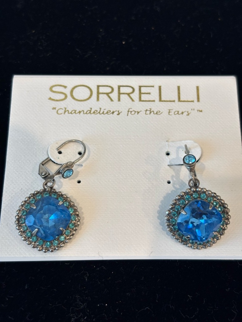 Sorrelli Vintage Blue Swarovski Crystal Silver French Hook Drop Earrings